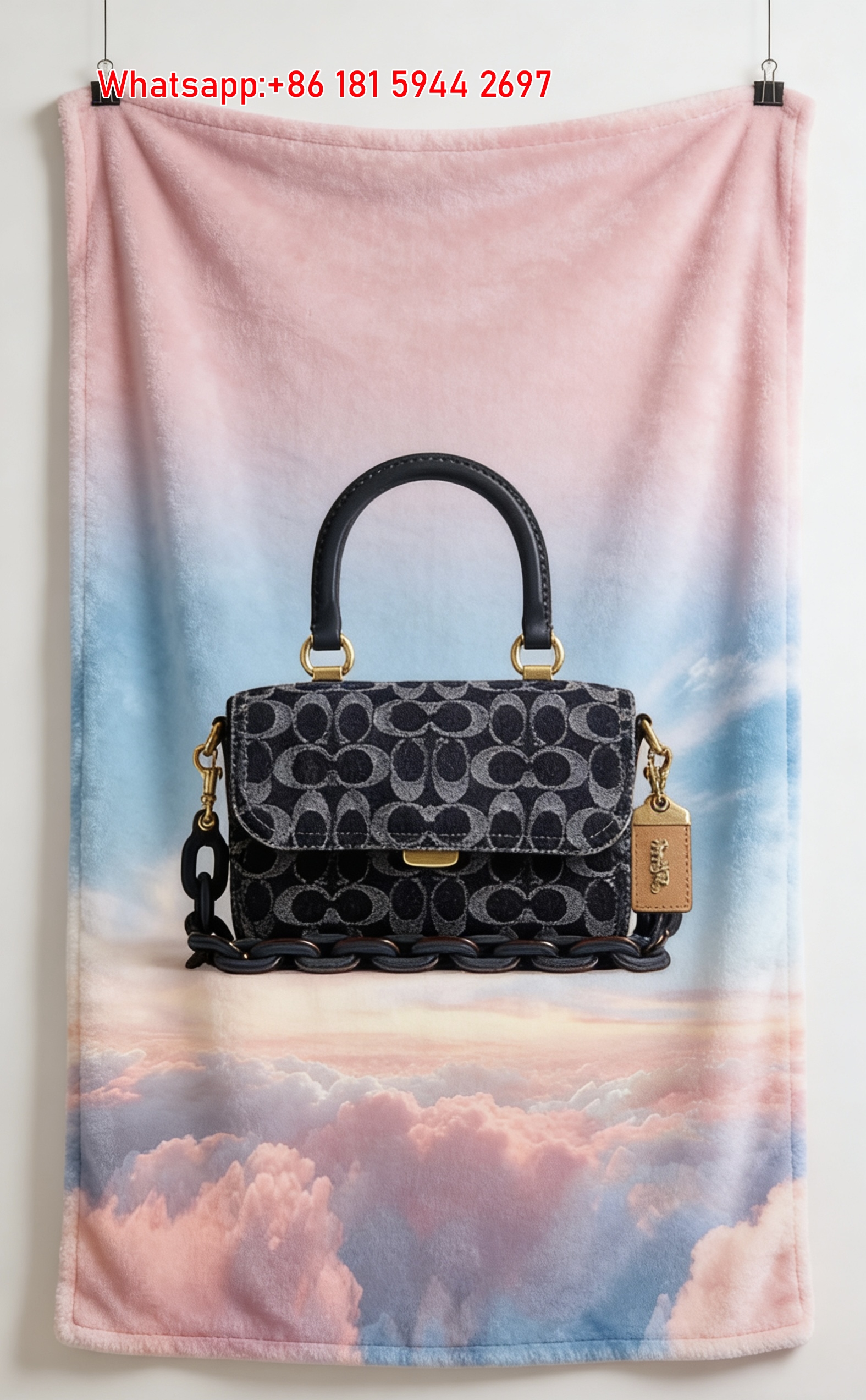 COACH Denim Signature Bag Sky Print Flannel Throw Blanket for Couch C294